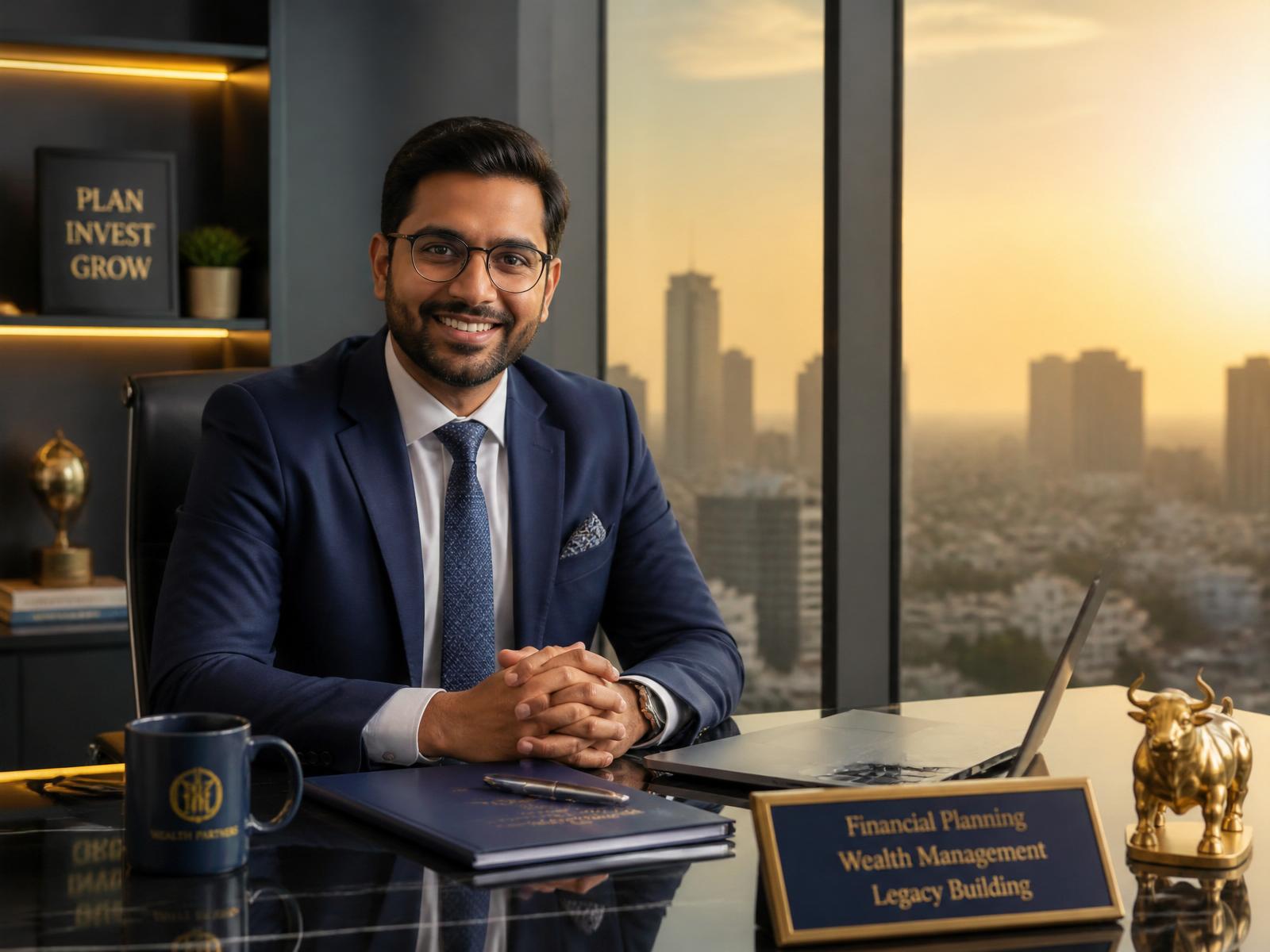 Financial advisor in a premium Ahmedabad office at golden hour