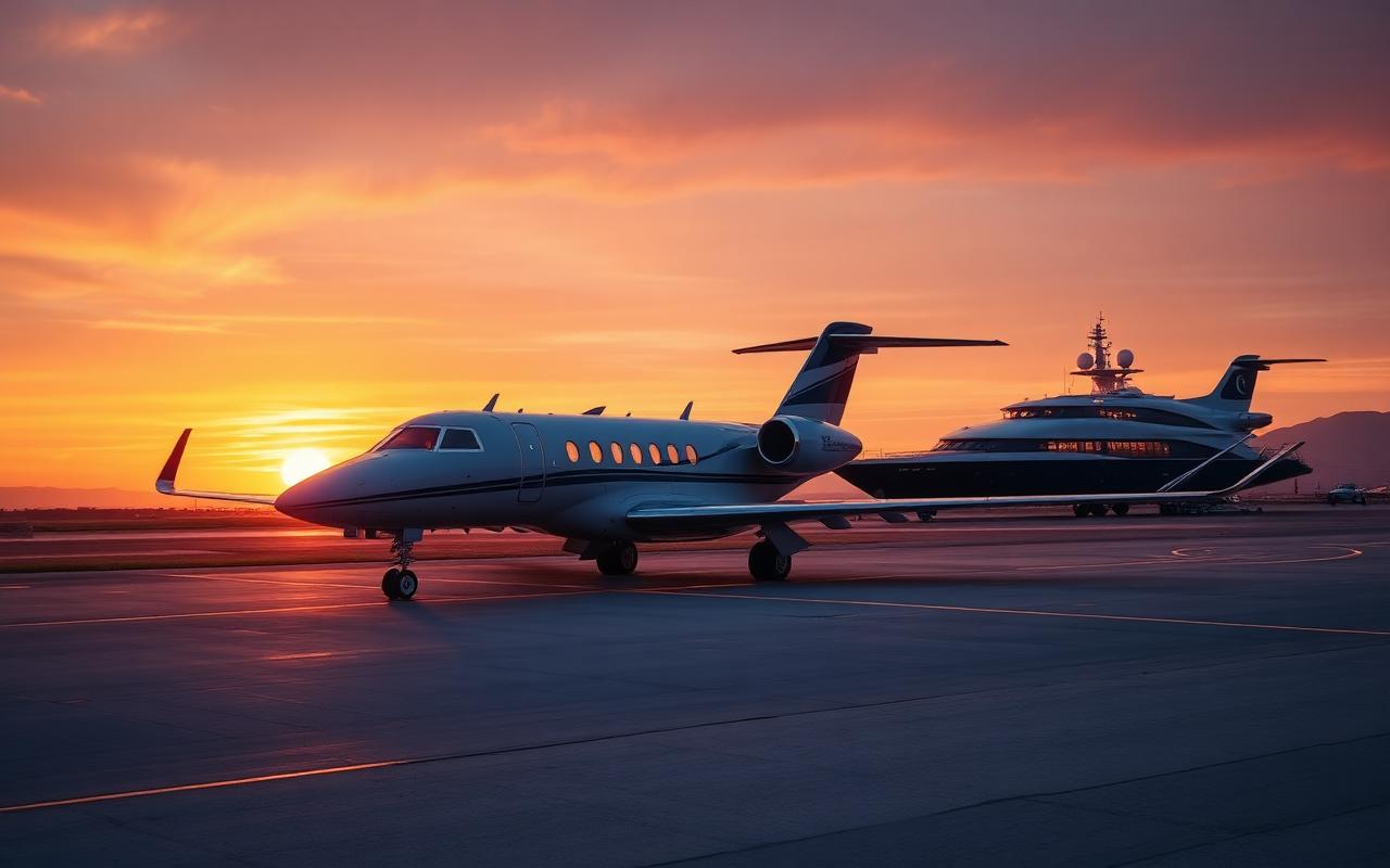 Private jet on tarmac at sunset with luxury yacht in the distance