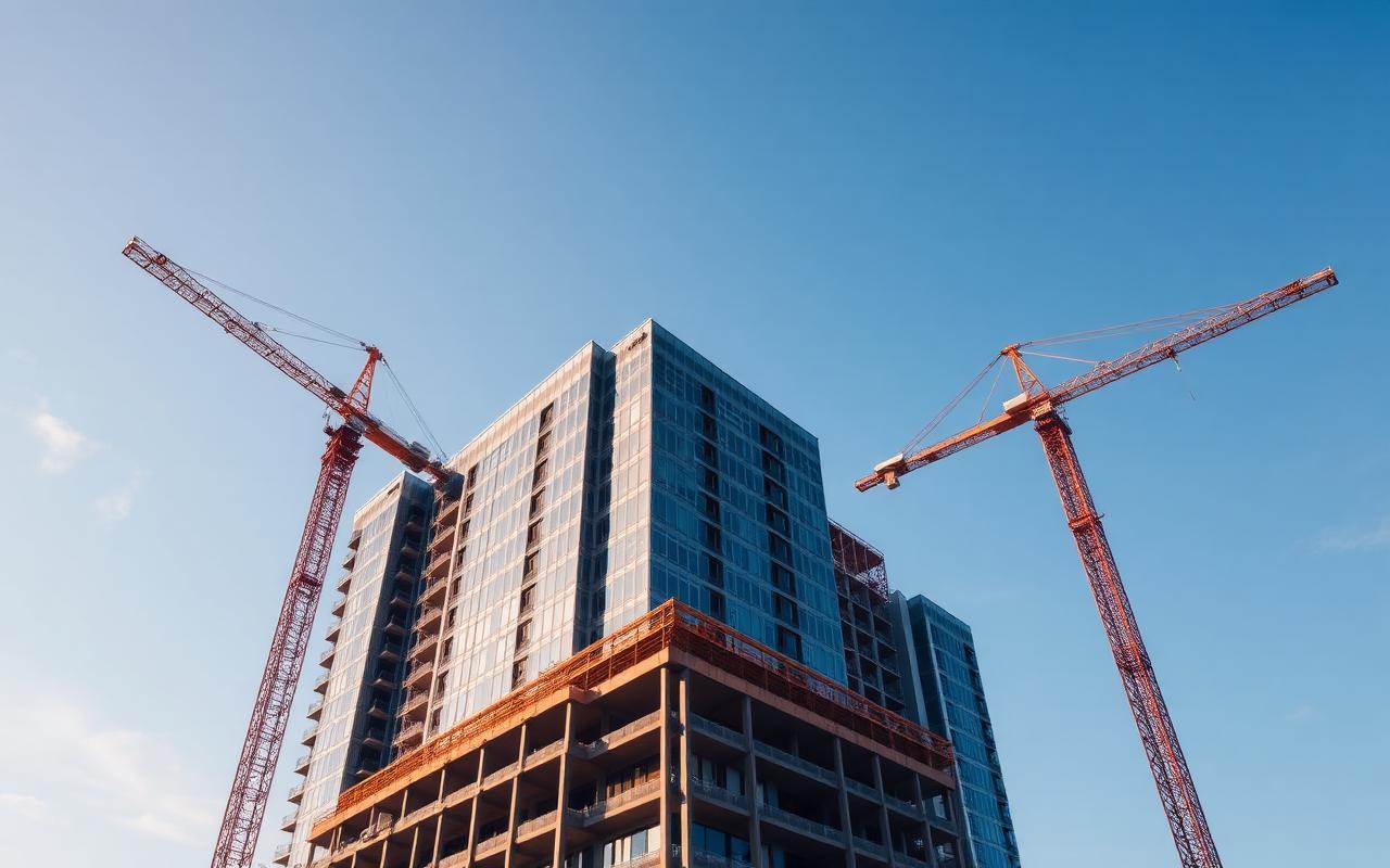 Modern commercial high-rise under construction with cranes